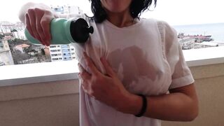 Risky Public Nudity - Big Natural Perky Boobs Splashed over Translucent Shirt