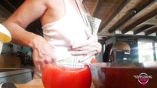 Nippleringlover Flashing Pierced Nipples with Big Heavy Nipple Ring Stretching Nipple while Cooking