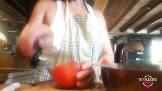 Nippleringlover Flashing Pierced Nipples with Big Heavy Nipple Ring Stretching Nipple while Cooking