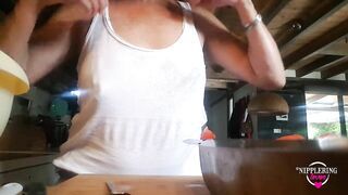 Nippleringlover Flashing Pierced Nipples with Big Heavy Nipple Ring Stretching Nipple while Cooking