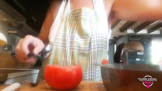 Nippleringlover Flashing Pierced Nipples with Big Heavy Nipple Ring Stretching Nipple while Cooking