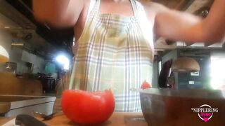 Nippleringlover Flashing Pierced Nipples with Big Heavy Nipple Ring Stretching Nipple while Cooking