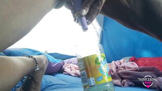 Nippleringlover Peeing in Bottle Naked in Tent at Nude Beach - Pierced Tits & Pierced Pussy