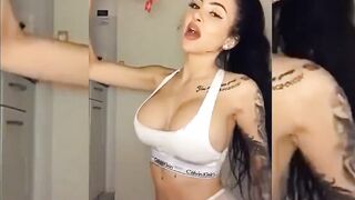 Beautiful Inked Brunette Loves Masturbating with Huge Dildo