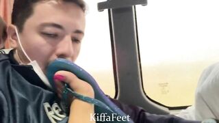 Goddess Kiffa Bus trip 5 Passenger is mesmerized and lick Flip flops foot on trip and cums on feet