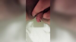 Jerking off a big clit instead of taking a quick shower before work