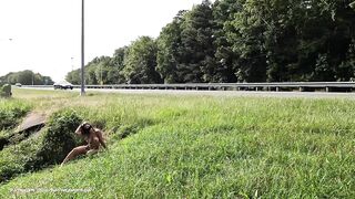 Crawling completely naked in public next to the road