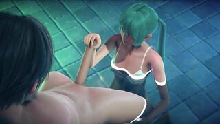 Miku jerking off big cock, cum in the pool and on the face