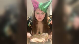 Birthday cake smashed in face, food, messy slut, humiliation