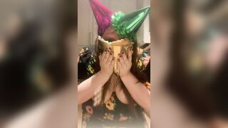 Birthday cake smashed in face, food, messy slut, humiliation