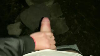 Big dick night jerk off - Cumshot on stones in the park POV