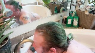 Tattooed FTM Fucks Giant Dildo in Bath