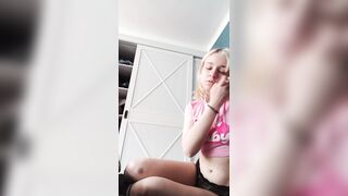 Gentle cute charming homemade striptease in pink and masturbation and violent orgasm close up