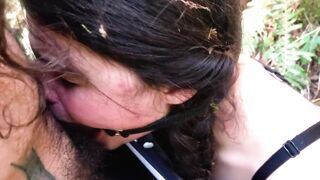 Very rough throat fuck with ring gag for submissive in the public forest