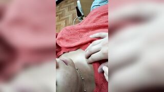 Sweetly sucks fingers and shows breasts