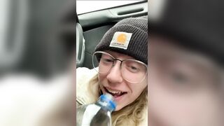 Sexy little Pee Slut Sarah Evans Drinks her own Pee in Public for her Fans. Cum Follow her Twitter