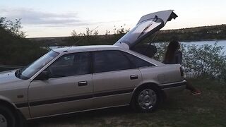 HOT PEE in Cold Autumn on TOW BAR of my Uncle"s Retro Car