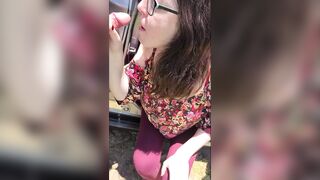 First Time Public BJ Coats Nerdy Girl in Cum