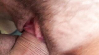 Cum up together. So close you can smell it. Amateur Wife's Hairy Swollen Pussy Fuck. Cuming inside. Dripping Creampie