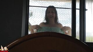 My wife show her tits on balcony for workers see