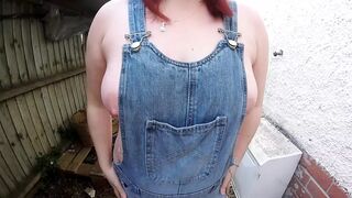 Wife in wellingtons and dungarees in the yard