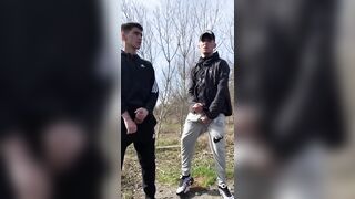 TWO GUYS JERK OFF OUTDOORS