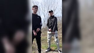 TWO GUYS JERK OFF OUTDOORS