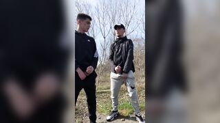 TWO GUYS JERK OFF OUTDOORS