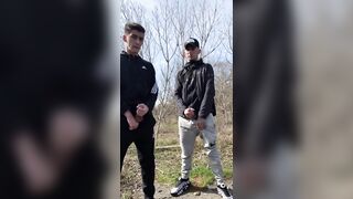 TWO GUYS JERK OFF OUTDOORS