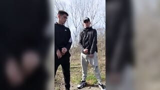 TWO GUYS JERK OFF OUTDOORS