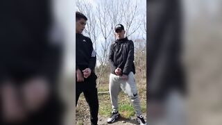 TWO GUYS JERK OFF OUTDOORS