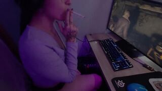 Cumshot on Boobs while she Smokes and Gaming - full video on OnlyFans