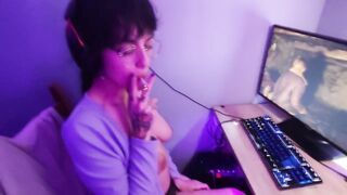 Cumshot on Boobs while she Smokes and Gaming - full video on OnlyFans