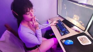 Cumshot on Boobs while she Smokes and Gaming - full video on OnlyFans