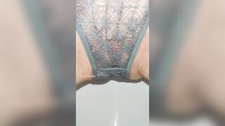 Yellow Pee in Grey lace panties close up