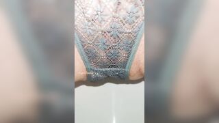 Yellow Pee in Grey lace panties close up