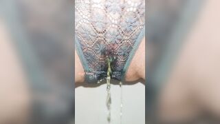 Yellow Pee in Grey lace panties close up