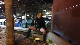 Milfin mini skirt rubs wet pussy in public and cums