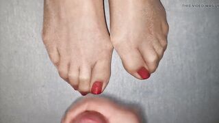 Cum on nylon red toenails