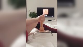 Thick Pale Redhead MILF Gives Handjob Then Rides and Slides on Her Dildo.