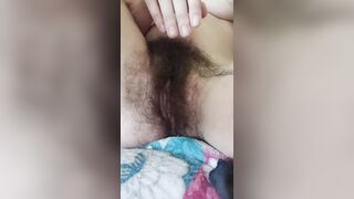 Big hairy pussy and old worn out panties with a huge hole.