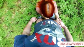 Red-haired MILF Sucks and Masturbates Dick Guy in the Forest