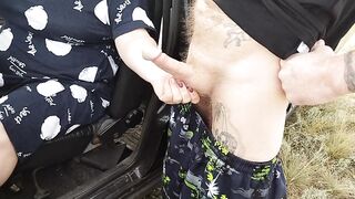 the bitch sits in the car and publicly jerks off my dick in nature until I cum