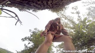 Namaste-Nasty Outdoor Piss Whore | Pulls down her bikini and pees in public slutty shaved cunt whore